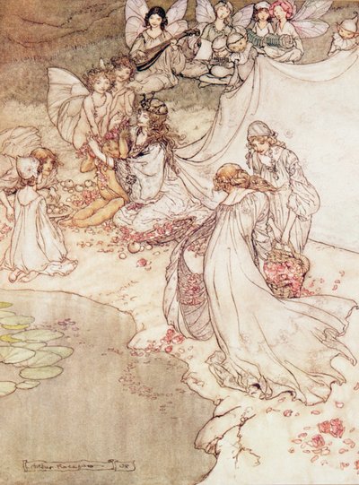 Illustration für ein Märchen, Feenkönigin bedeckt ein Kind mit Blüten von Arthur Rackham
